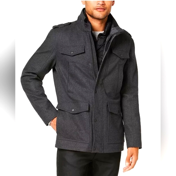 Guess Men's Gray Wool-Blend Insulated Military Quilted Coat Jacket